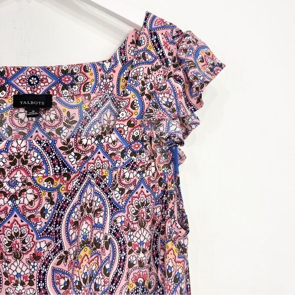 Talbots Majestic Medallion Floral Ruffle Cap Sleeve Tie Waist Pinafore Dress - Picture 8 of 16